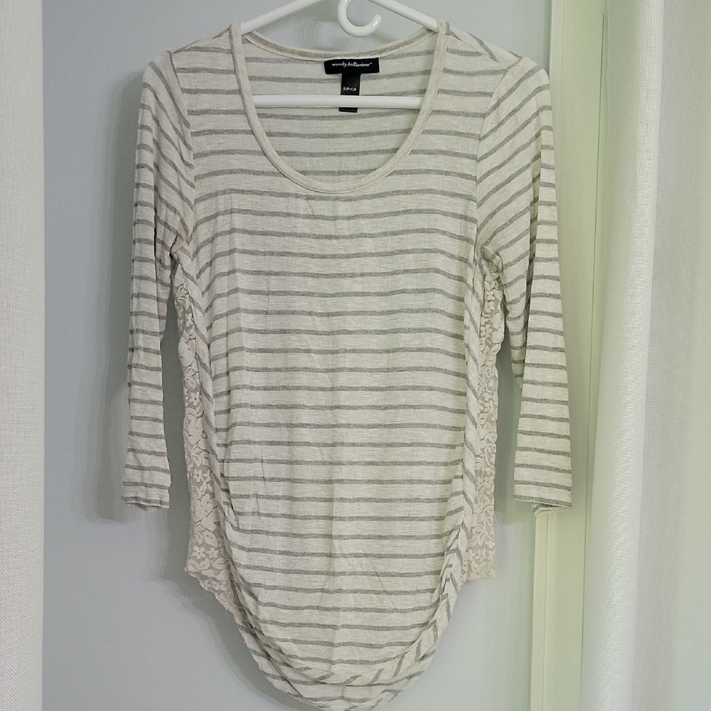 Wendy Bellissimo Gray Striped Blouse with Lace Accents